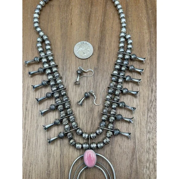 Native American Navajo Handmade Sterling Silver Pink Conch Squash Blossom 18” - Picture 6 of 8